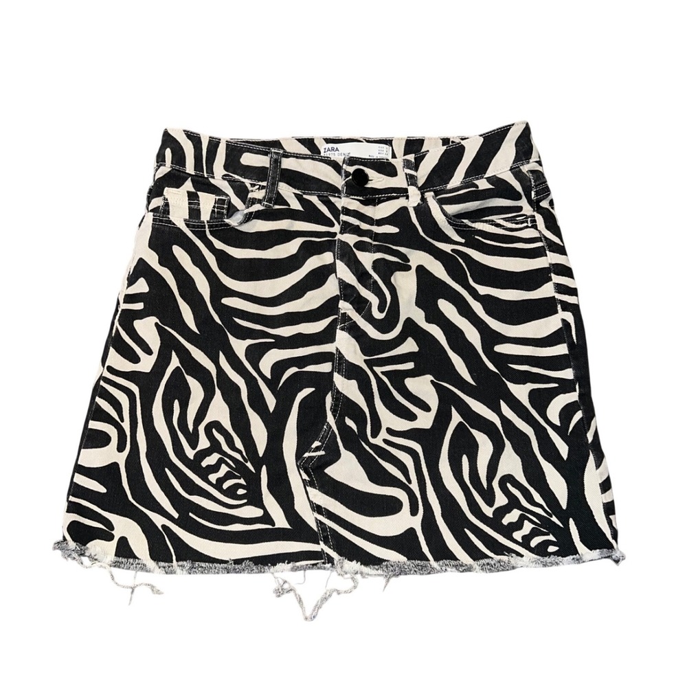 Zara Z1975 Denim Zebra Print Mini Skirt Black White Raw Hem Womens Size Small